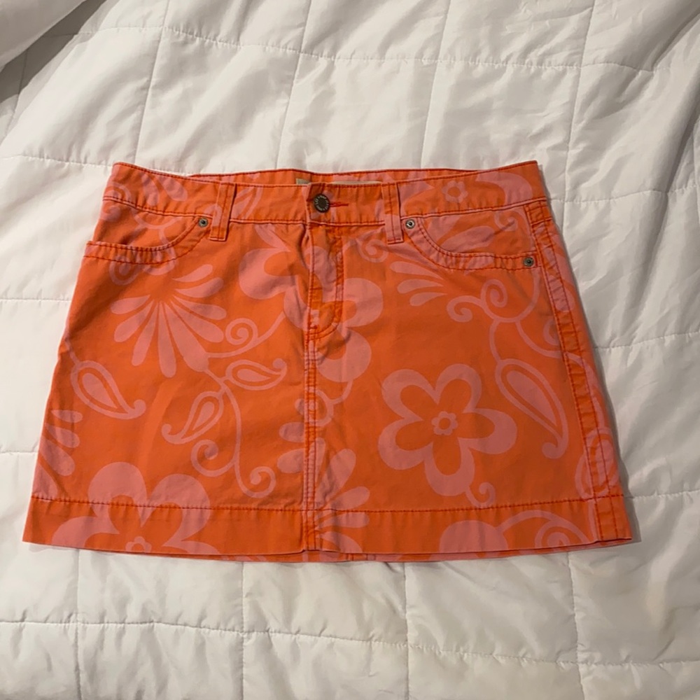 Orange and pink denim floral skirt
